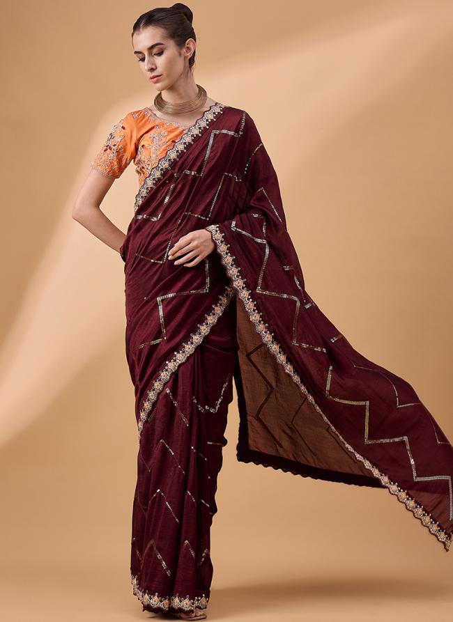 Chinon Brown Party Wear Embroidery Work Saree